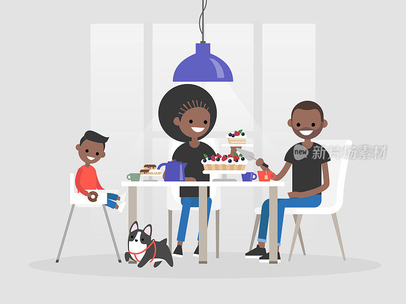 年轻的非洲裔美国人围坐在餐桌前。甜点和茶。日常生活/平面可编辑矢量插图，剪辑艺术